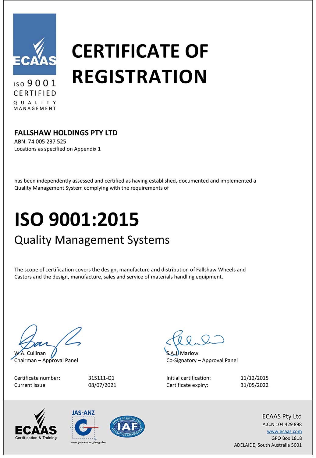 Certificate of registration ISO9001:2015