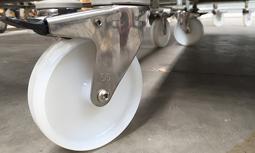 Stainless steel castors in a commercial kitchen