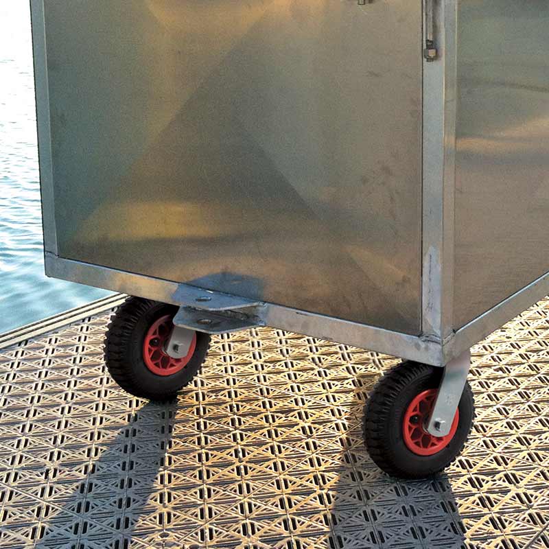 Catering trolley fitted with plastic centred pneumatic castors suitable for corrosive environments