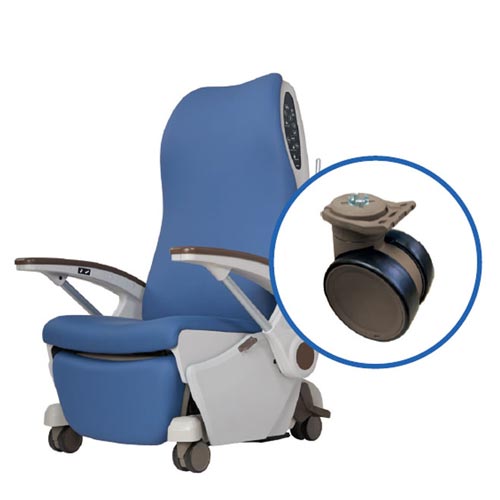 Customised castors on a recliner treatment chair