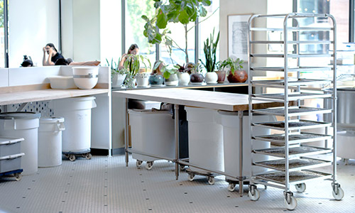 Stainless steel castors in a commercial kitchen