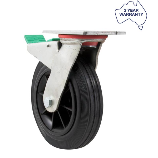 H Series castor, 200mm x 50mm black rubber wheel, plain bearing, swivel ...