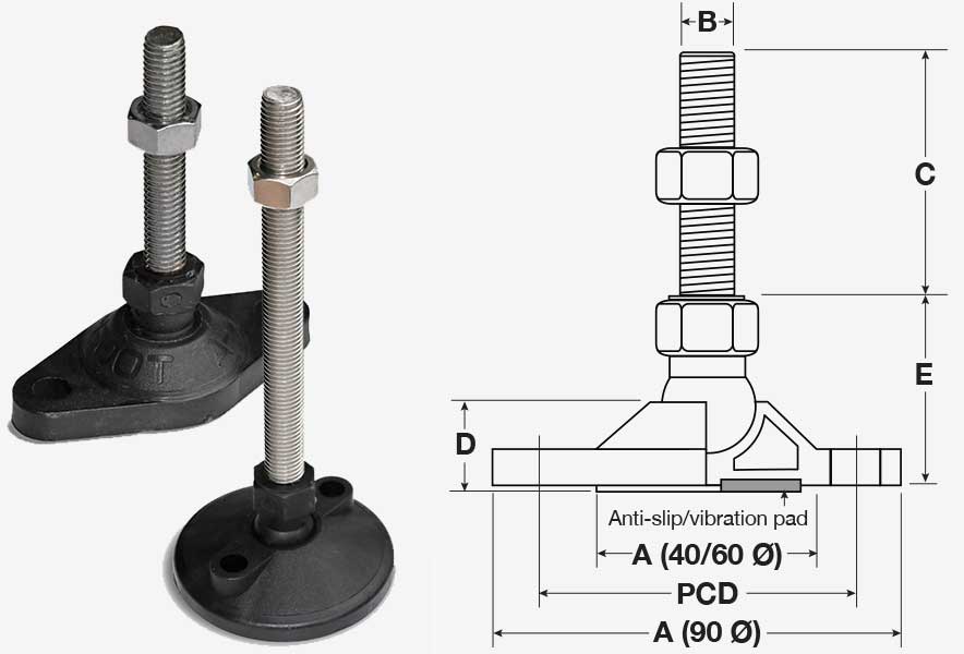Bolt-down adjustable feet