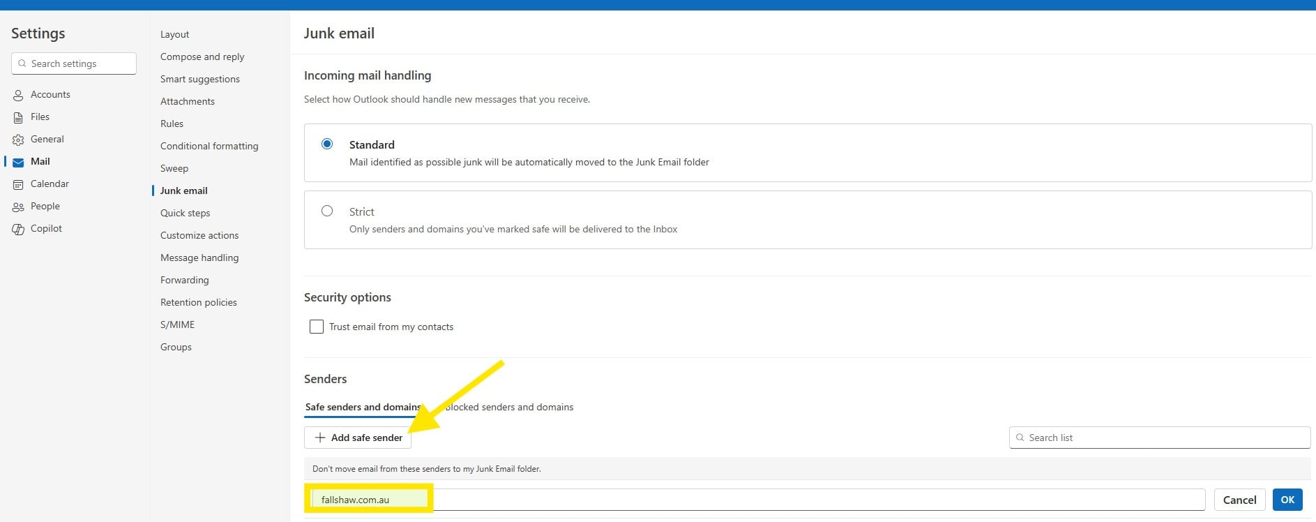 Emails whitelisting in new outlook