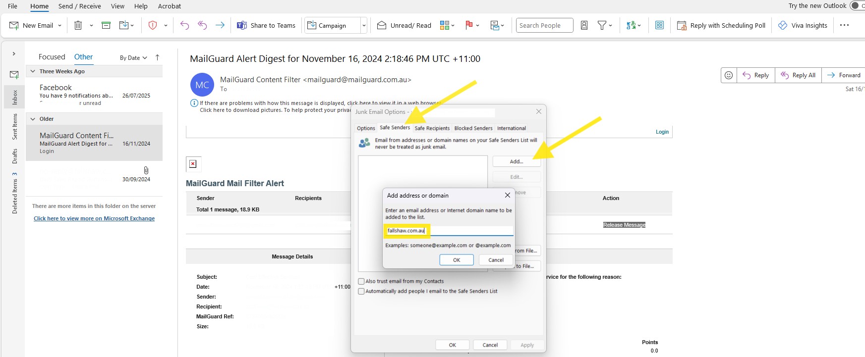 Emails whitelisting in old outlook
