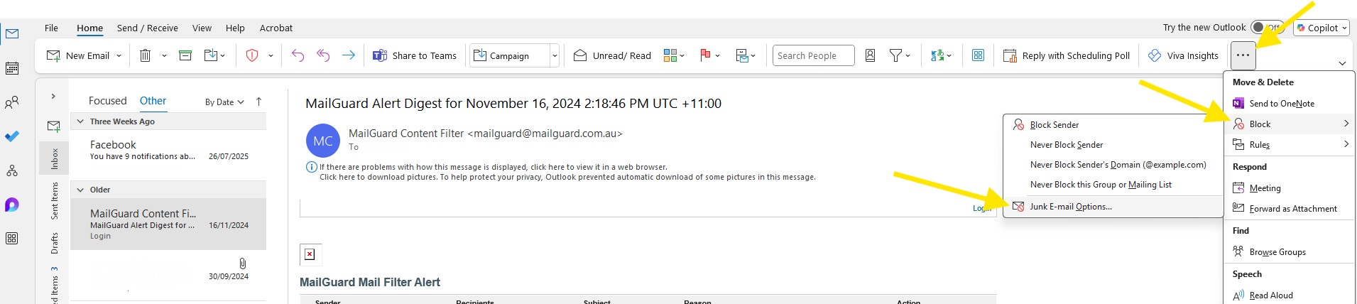 Emails whitelisting in old outlook