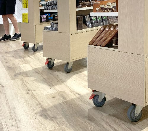 Retail display units fitted with grey rubber M Series castors Retail display units fitted with grey rubber M Series castors