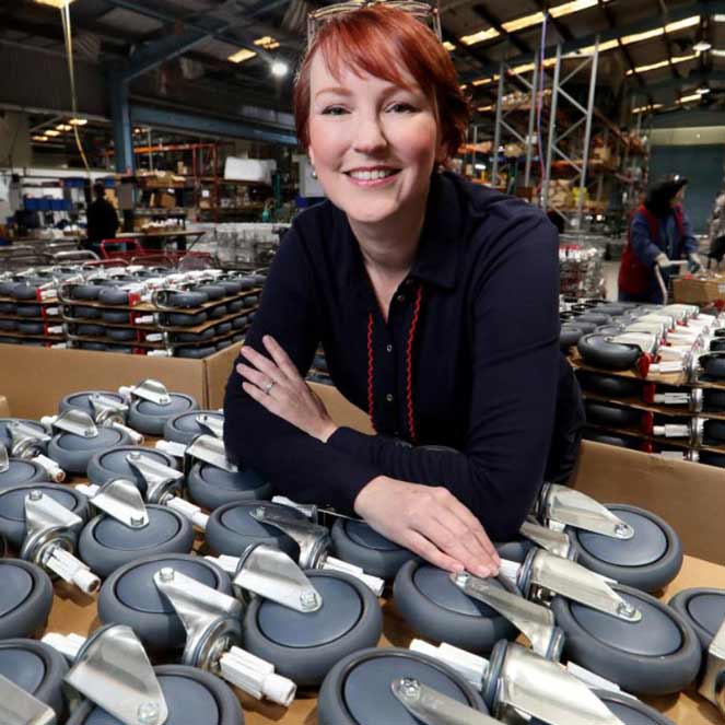 Jo Fallshaw and the medical castors for the emergency relief hospital bed supply Jo Fallshaw and the medical castors for the emergency relief hospital bed supply