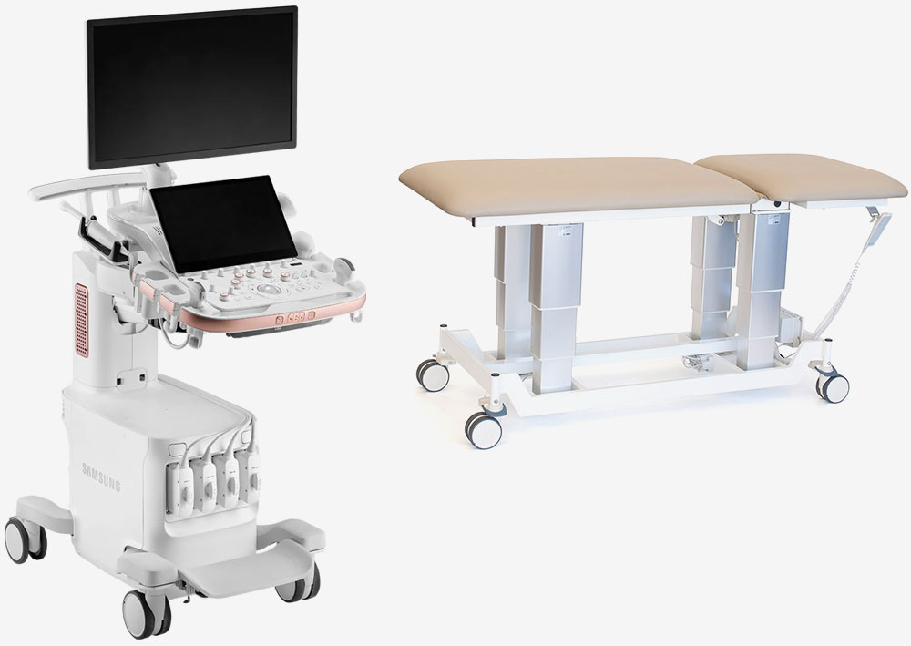 Ultrasound equipment and treatment table fitted with Trinity EBC smart castors