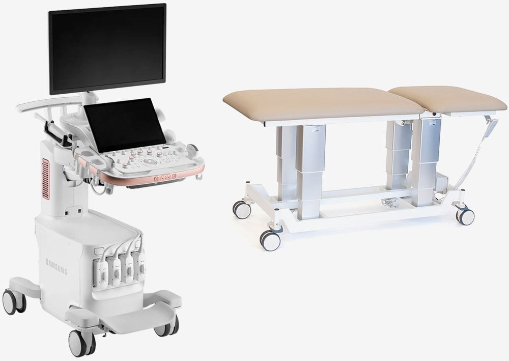 Ultrasound equipment and treatment table fitted with Trinity EBC smart castors