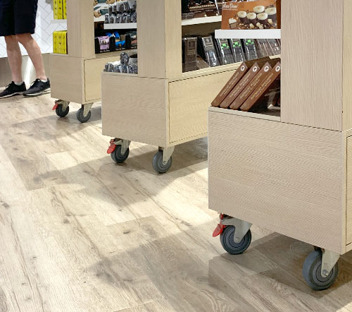 Retail display units fitted with grey rubber M Series castors