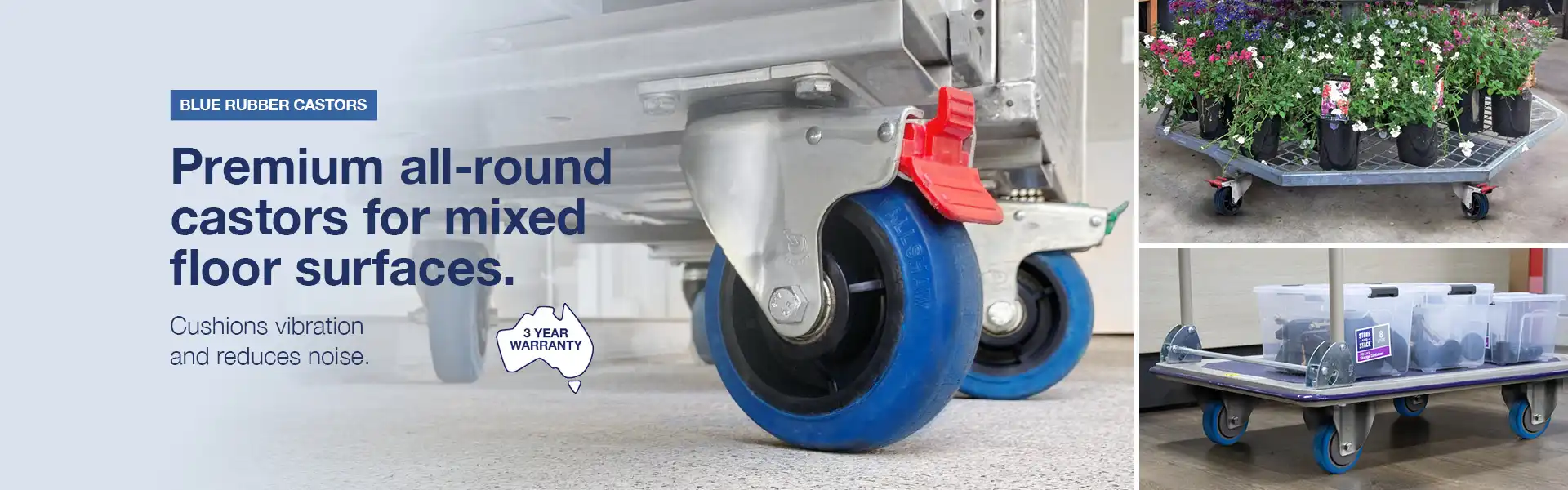 Versatile blue rubber castors for most floor types